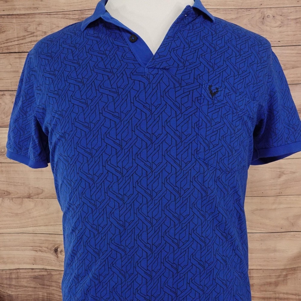 Allen Solly Polo Shirt Mens M Blue Cotton Spandex Geometric Knit Stretch Casual